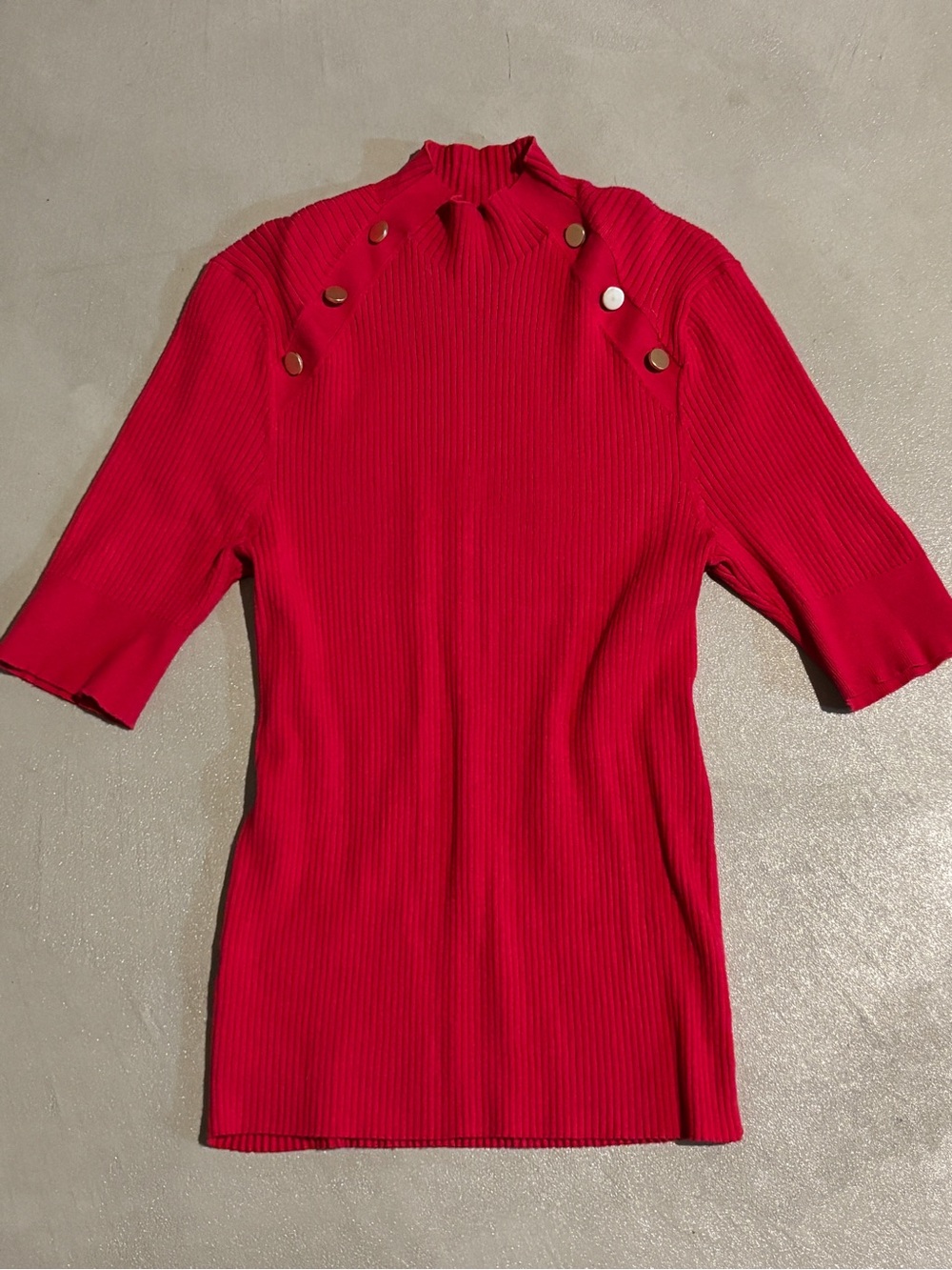 LOFT Red Ribbed Mock Neck Top Elbow Sleeve Gold Shoulder Button Size L